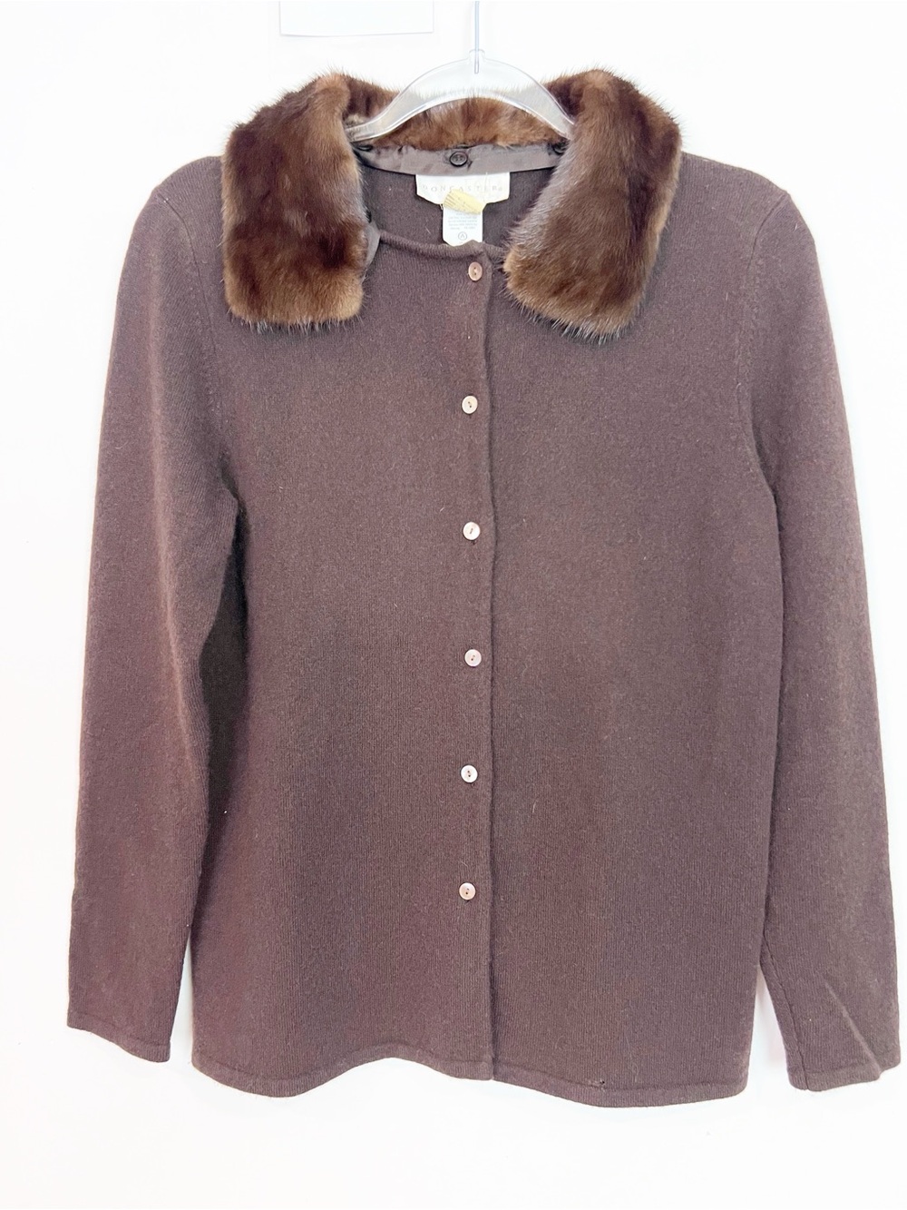 DON CASTER VINTAGE CHOCOLATE BROWN CASHMERE FUR COLLAR CARDIGAN SWEATER SZ SMALL